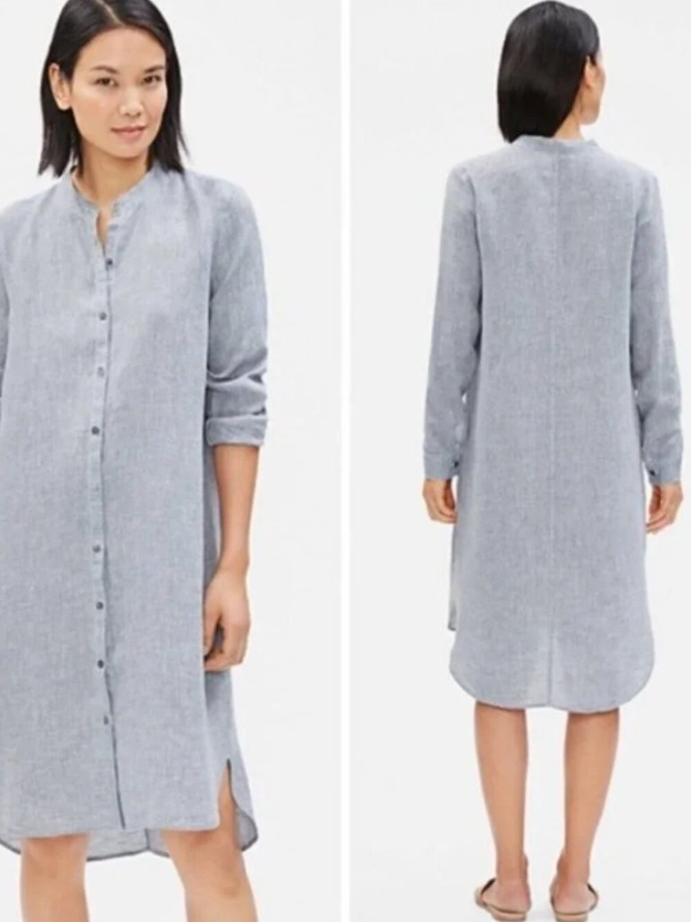 Eileen Fisher Mandarin Collar Organic Linen Shirt Dress Gray High Low Size L - Picture 2 of 14